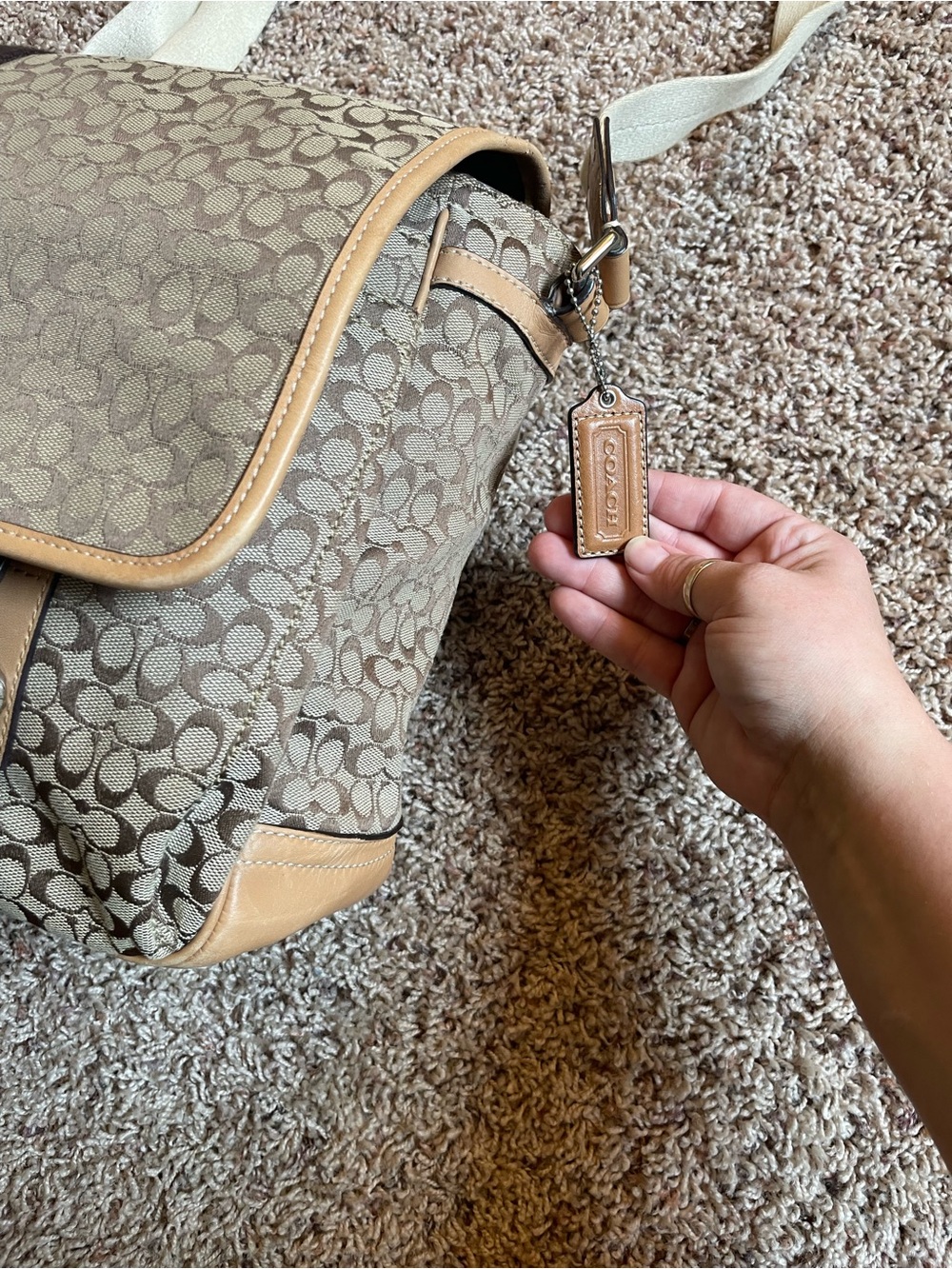 Coach Canvas Messenger Bag in Khaki and Tan with Stripe Detail - Picture 2 of 13